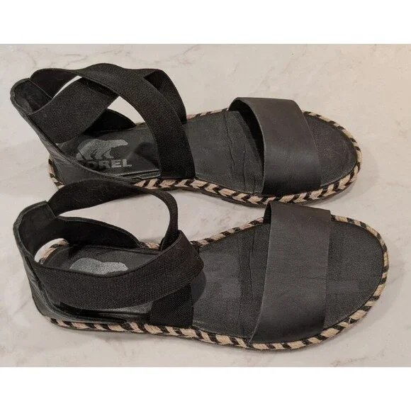 Women's SOREL Ella II Black Leather Criss Cross Sandals SZ 7 - Picture 10 of 10